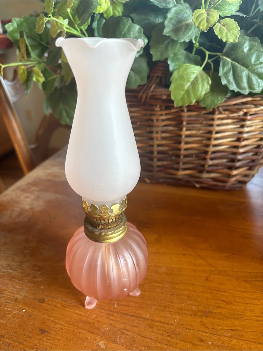Vintage pink frosted pink rib design 3footed base miniature hurricane oil lamp